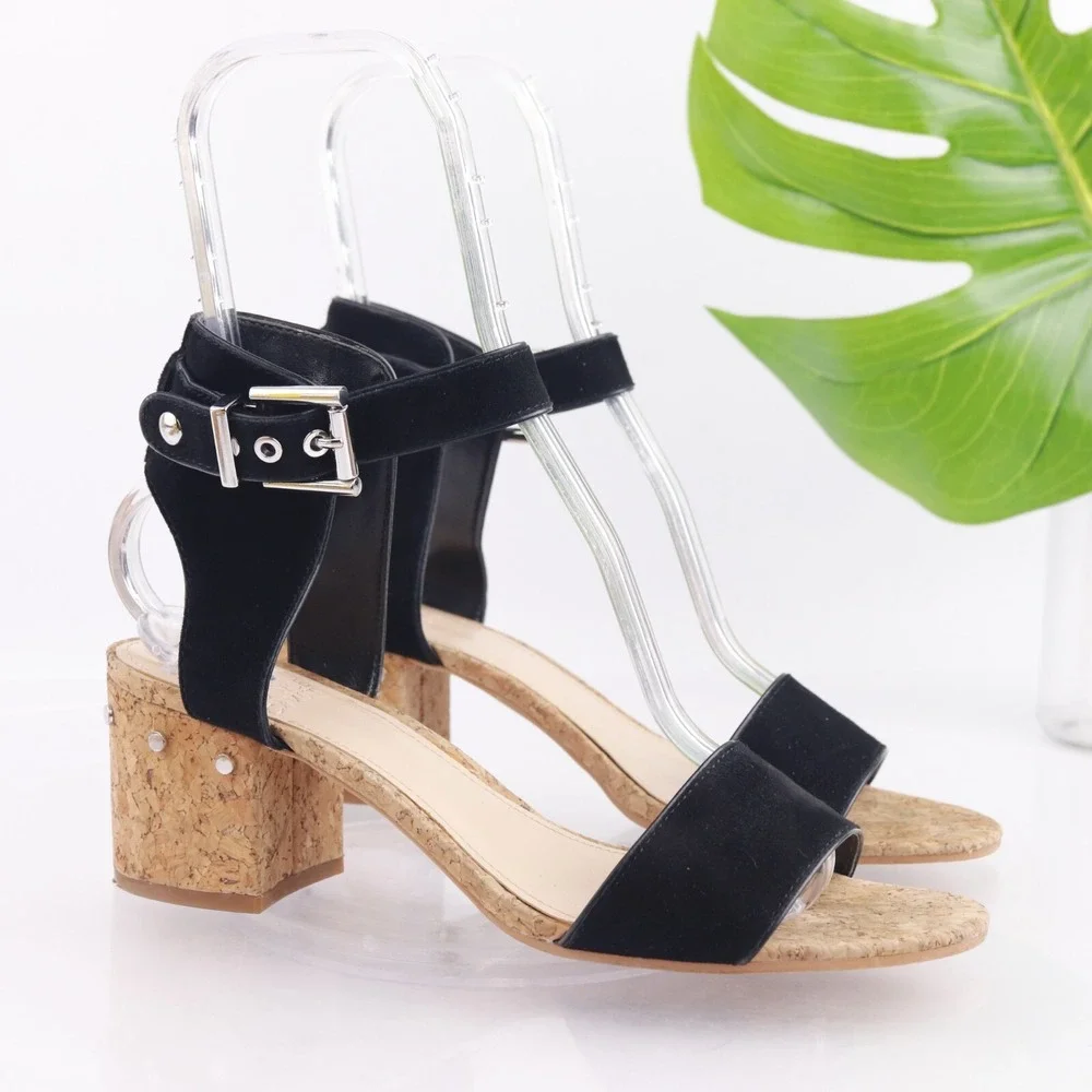 Vince Camuto Women Baeden Sandal Size 9.5 Black Suede Ankle Strap Cork Heel Shoe